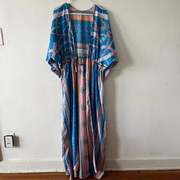Vintage 70s Colorful Floral House Robe CaftanBoho Lounge Wear Kimono Style